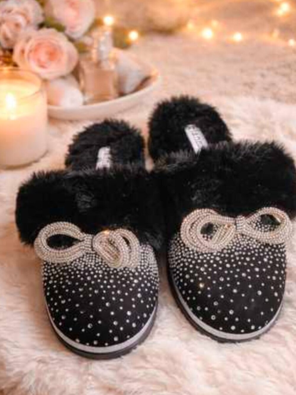Gianni Bini Black Embellished Bow Faux Fur Slipper Women's Sizes NEW Bride